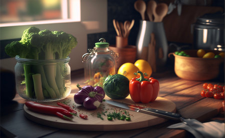 fresh vegetables fruits on kitchen counter, front viewの写真素材