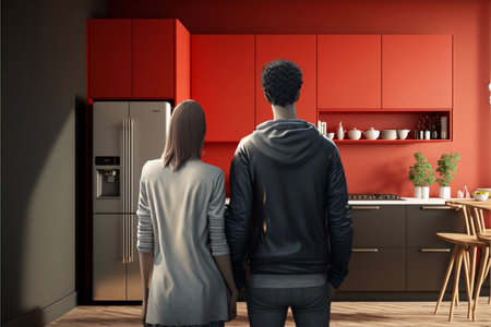 frontal view of modern kitchen with warm color walls, colors to use red and black, interior design,の素材