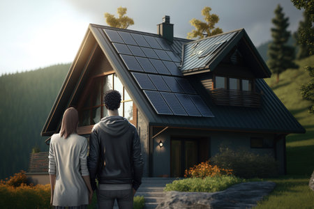 Couple looking at their house. back view.の素材