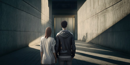 dappled shadow, a lone man with glowing light in the middle of a brutalist covent in city. back viewの素材