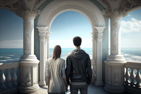 a view of the sea from the balcony arch. wide angleの素材