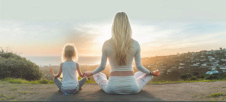 blonde woman and her child lifestyle balanced practicing meditate and zen energy yogaの素材