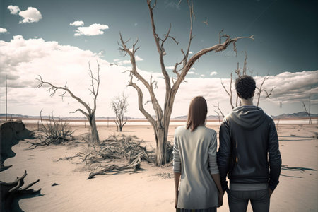 Trunks of dried dead trees with branches in middle of vast desert with cracked arid soil under cloudy skyの素材