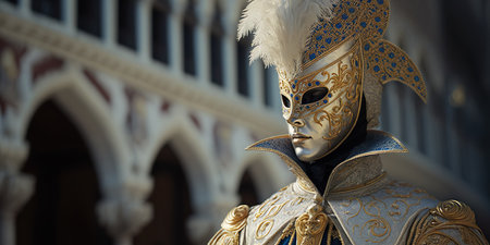Person wearing a gold facemask and carnival costume standing in doge's palace venice italy.の素材