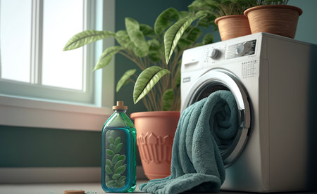 Laundry room interior with washing machine, green plants and detergentの素材