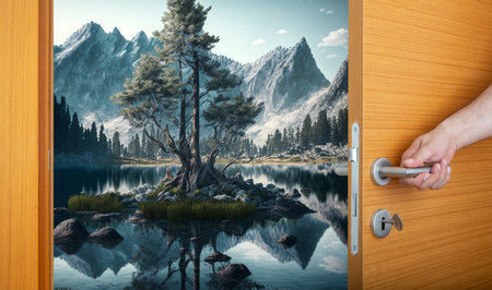 Digital composite of Hand opening door to lake with mountain and pine treesの素材