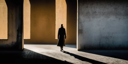 Silhouette of a woman in a long dress walking through an empty roomの素材