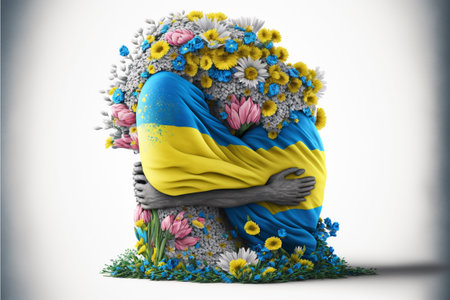 Ukrainian flag wrapped in a wreath of flowers, conceptual imageの素材