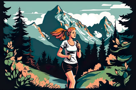 Girl in headphones jogging in a mountain parkの素材