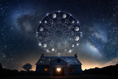 Astronomical horoscope circle against night sky with stars. 3d renderingの素材