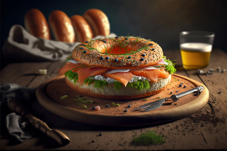 Sandwich with smoked salmon, cream cheese and dill on wooden backgroundの素材