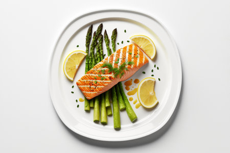 Grilled salmon with asparagus in white plate. on white background. Top viewの素材