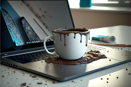 A cup of coffee overturned on a laptop in an office. close upの素材