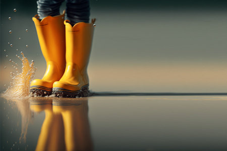 Female legs in yellow rubber boots and splashes of water on a reflective surfaceの素材