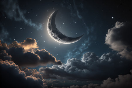 Night sky with clouds and crescent moon. 3D rendering.の素材