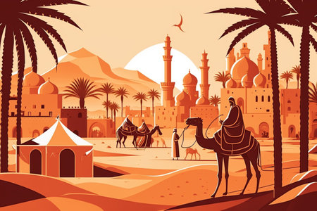 Arabian desert. Saudi market. ancient landscape. Outdoor kiosk and camels in town square. Moroccoの素材