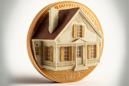 Bitcoin coin icon in dollhouse shape on isolated white background, front view.の素材