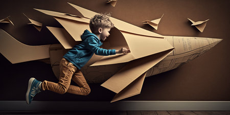 Cute little boy playing with paper plane in room with brown wallの素材