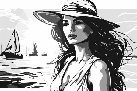 Beautiful woman in hat on the beach. Black and white vector illustration.の素材