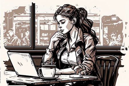 Vector illustration of a young woman sitting in a cafe with a laptop.の素材