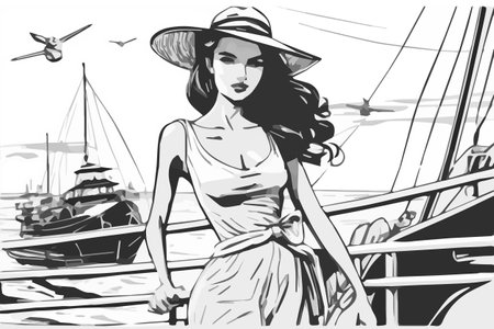 Beautiful woman in a hat on the background of yachtsの素材
