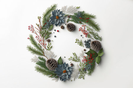 Beautiful Christmas wreath with fir branches and berries on white backgroundの素材