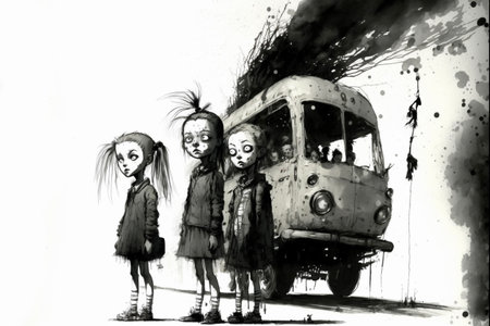 A black and white image of a school bus carrying two girls.の素材