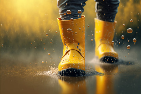 Children's feet in yellow rubber boots jumping over a puddle in the rain, front viewの素材
