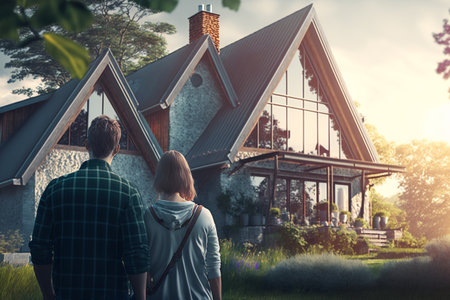 Back view of young couple looking at modern house in the countryside.の素材