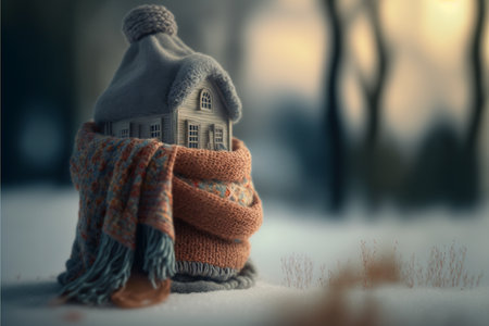 Winter house in a warm scarf and hat on the background of the winter forestの素材