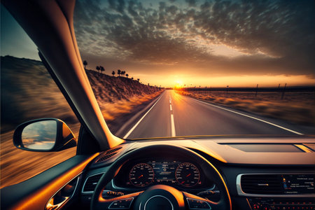 Driving a car on the highway at sunset. 3D renderingの素材