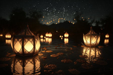 Lanterns floating on water at night, 3D renderingの素材