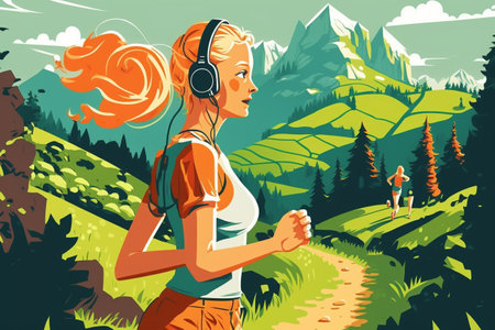 Vector illustration of a young woman jogging and listening to music in natureの素材