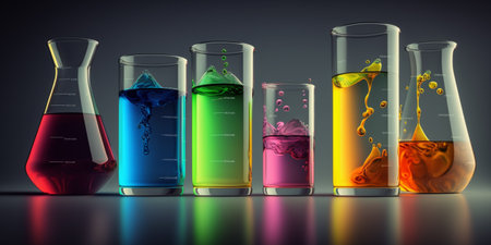 Laboratory glassware with liquids of different colorの素材
