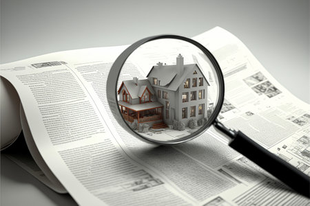 Magnifier in front of an open newspaper with paper houses on white background. close upの素材