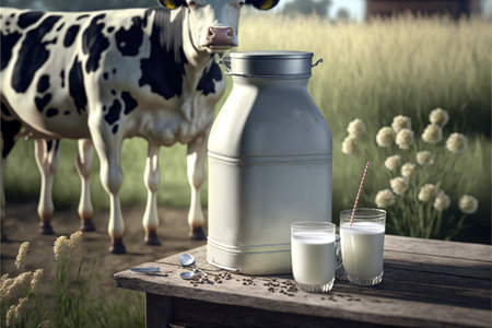 Milk and cow's. outdoor, front viewの素材