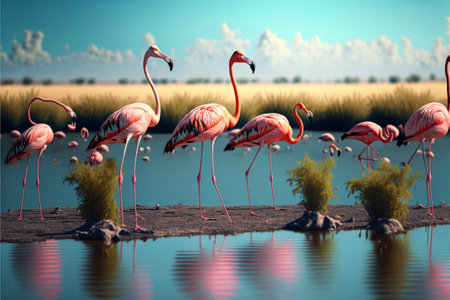 wild african bird Group birds of pink african flamingos walking around the lagoon on a sunny dayの素材