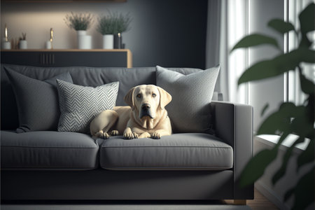 Modern living room interior. Cute Golden Labrador Retriever on couch, front viewの素材
