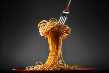 Spaghetti pie on fork, isolated background. close upの素材