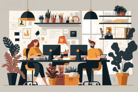 People work in office. Concept of teamwork, modern workspace, creative staffの素材