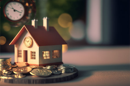 House model and coins. Real estate concept. selective focus.の素材