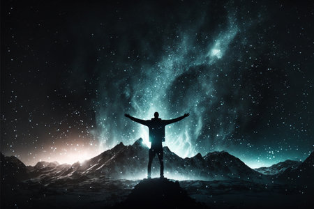 Silhouette of man with hands up against night starry skyの素材