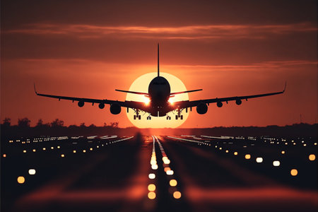 Airplane taking off from runway at sunset. 3D Renderingの素材