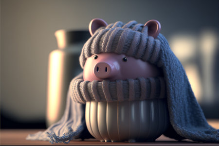 Piggy bank in a knitted hat and scarf. 3d renderingの素材