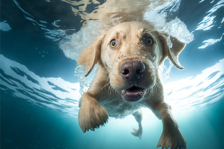 Golden Labrador Retriever swimming underwater and splashing into the waterの素材