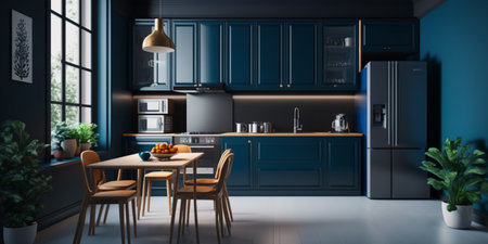 3d render of dark blue modern kitchen interior design in scandinavian styleの素材