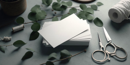 Business card blank mockup with eucalyptus branch and scissorsの素材