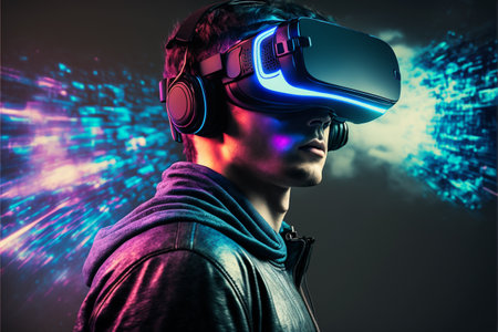 Young man wearing virtual reality glasses. Future technology concept. 3D Renderingの素材