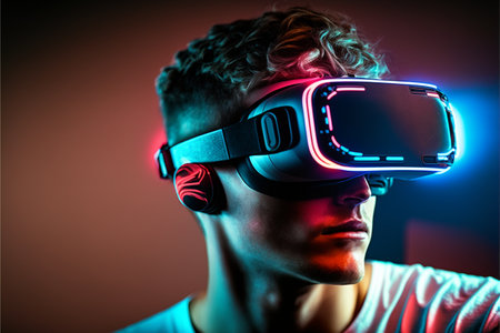 Young man wearing virtual reality goggles. Future technology concept. 3D Renderingの素材