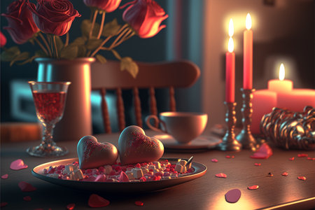Valentine's Day romantic dinner with red roses and candles. 3D renderingの素材